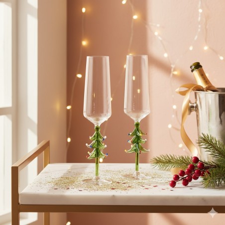 Set 2 Calici Albero di Natale in Vetro Festivi | Coppia Brindisi