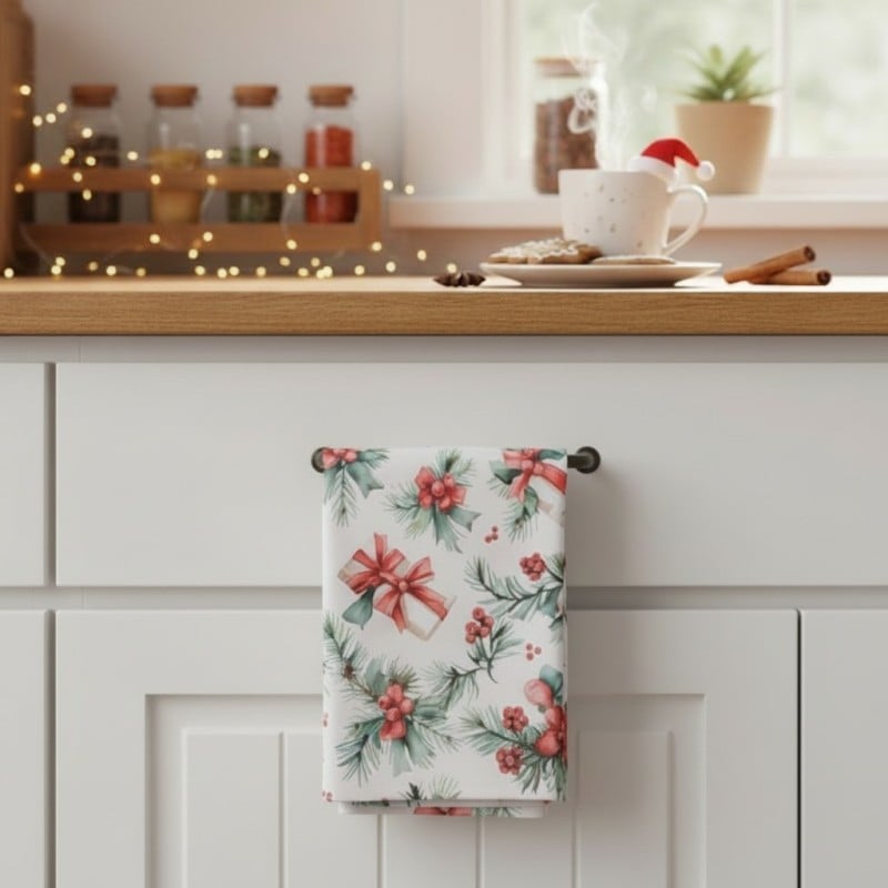 Fiocchi Bacche e Abete per lo strofinaccio di Natale in Cotone LMH
