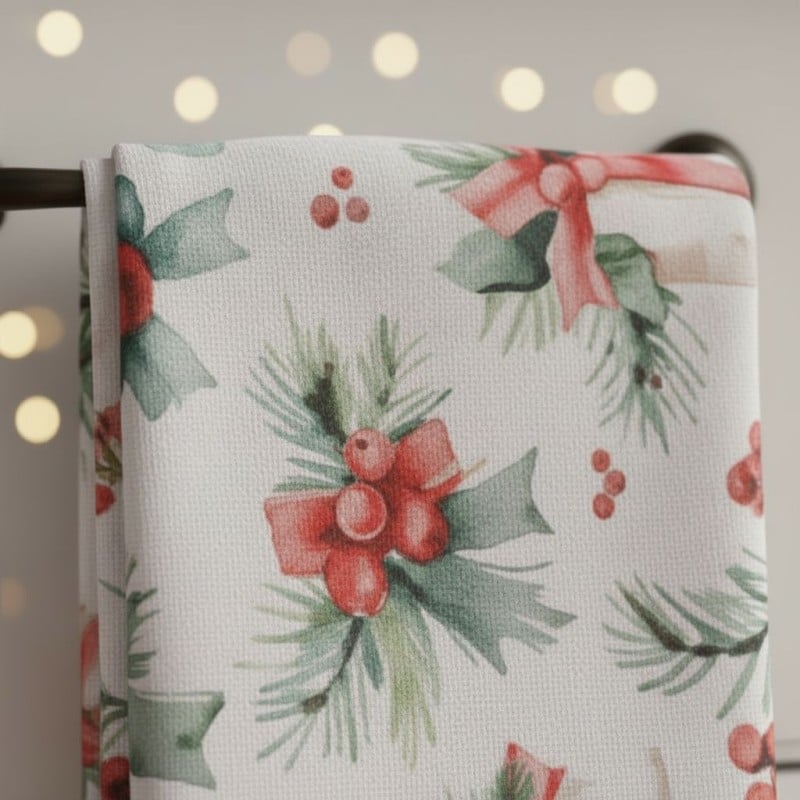 Fiocchi Bacche e Abete per lo strofinaccio di Natale in Cotone LMH dettaglio