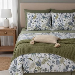 Completo Letto Driadi in 100% Cotone Fantasia Tropicale Verde e Blu