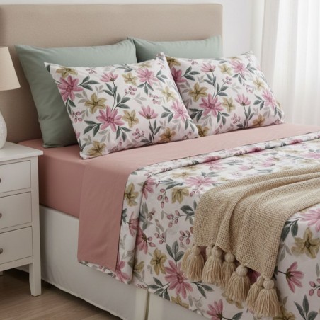 Adone - Fiori Rosa e Giallo per Completo Letto 100% Cotone LMH