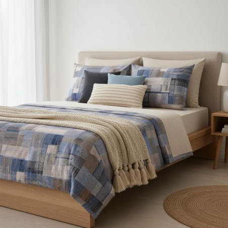 Completo Letto Cotone 100% Fantasia Geometrica Astratta Blu Lemoire