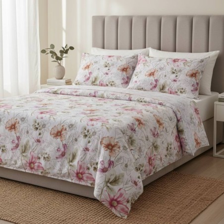 Lenzuola in cotone Fantasia Floreale Acquerello Rosa Ebe Completo Letto
