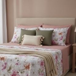 Lenzuola in cotone Fantasia Floreale Acquerello Rosa Ebe Completo Letto