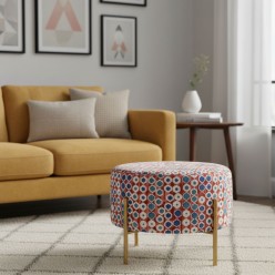 Pouf Rotondo Design Geometrico Rosso Blu