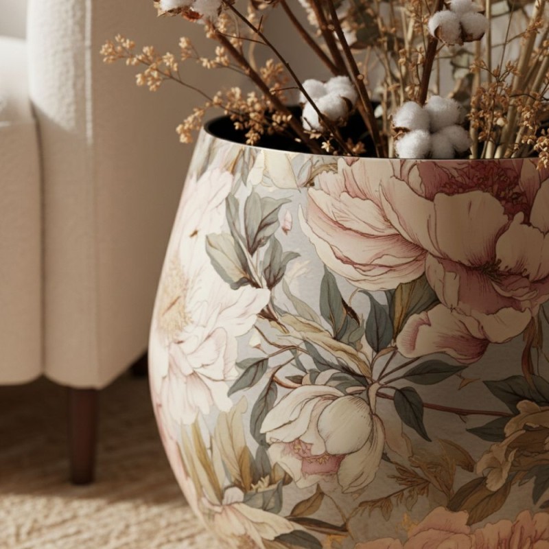 Giara Grande Metallo Floreale Peonie L'Oca Nera Ø51x40h Design Lemoire Home