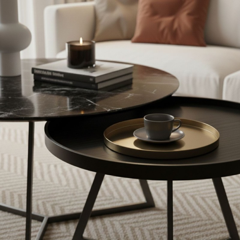 Set 2 Tavolini di Design in Marmo Nero e Legno Moderno Lemoire Home