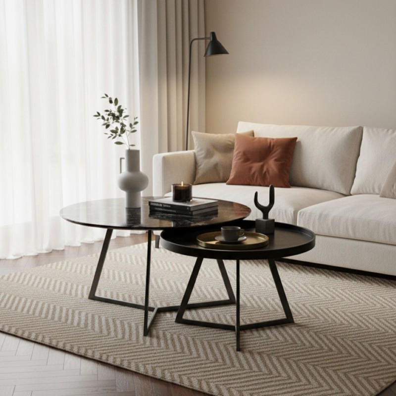 Set 2 Tavolini di Design in Marmo Nero e Legno Moderno L'Oca Nera