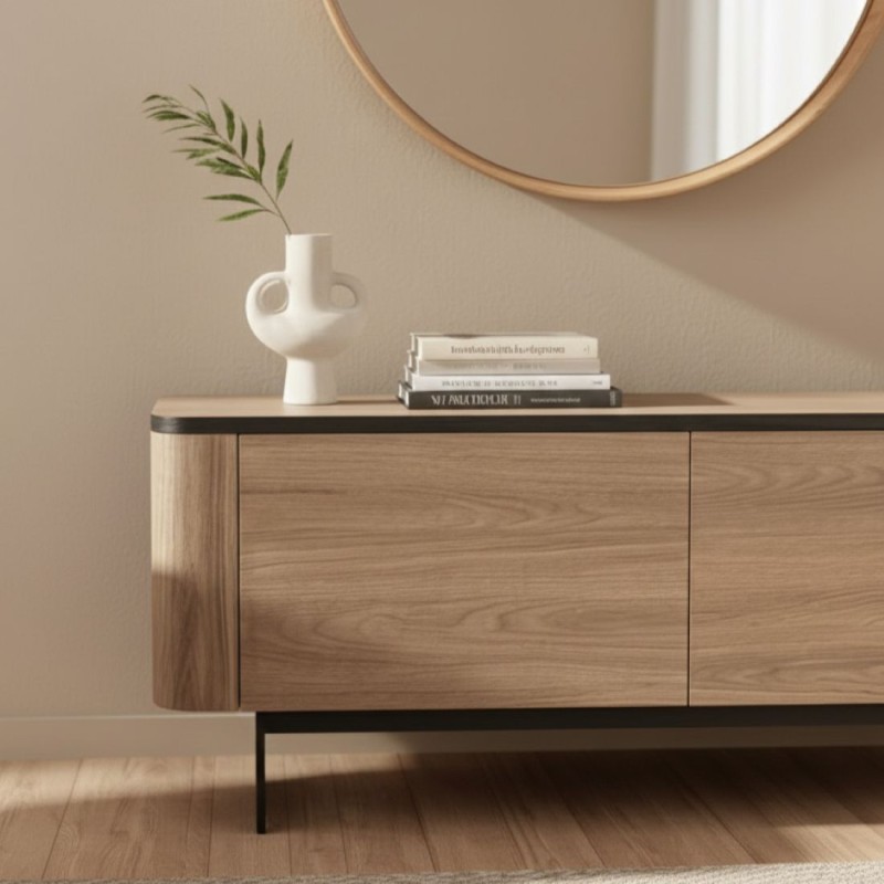Mobile Basso Due Ante in Legno Scuro e Metallo dal Design Scandinavo dettaglio