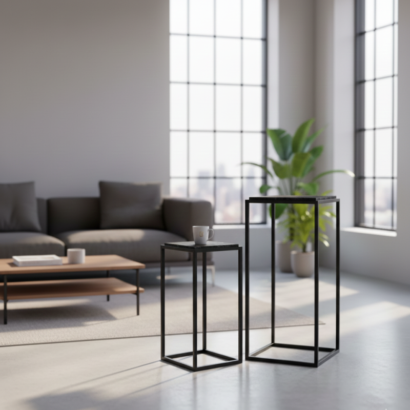 Coppia Tavolini Stand Oca Nera Metallo Marmo Design Industriale LMH