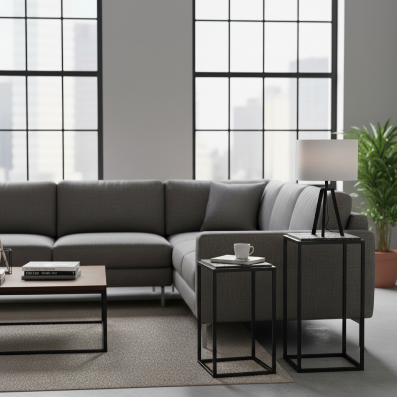 Coppia Tavolini Stand Oca Nera Metallo Marmo Design Industriale lemoirehome
