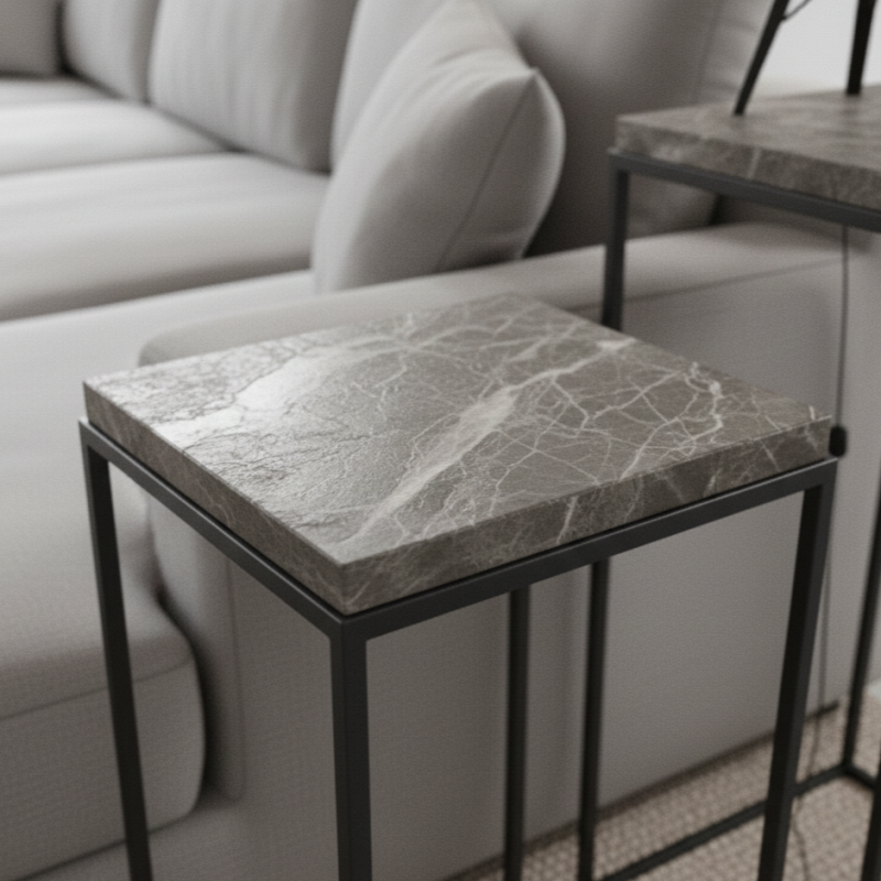 dettaglio Coppia Tavolini Stand Oca Nera Metallo Marmo Design Industriale