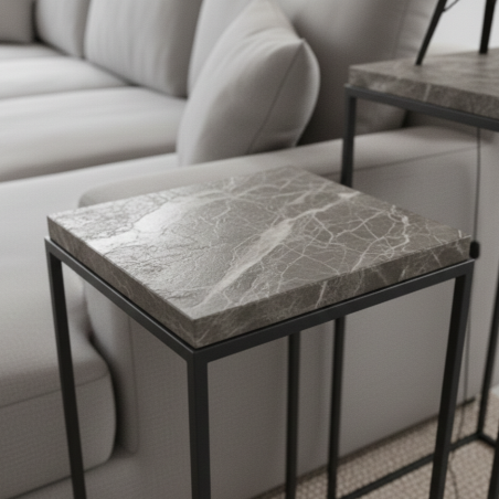 dettaglio Coppia Tavolini Stand Oca Nera Metallo Marmo Design Industriale