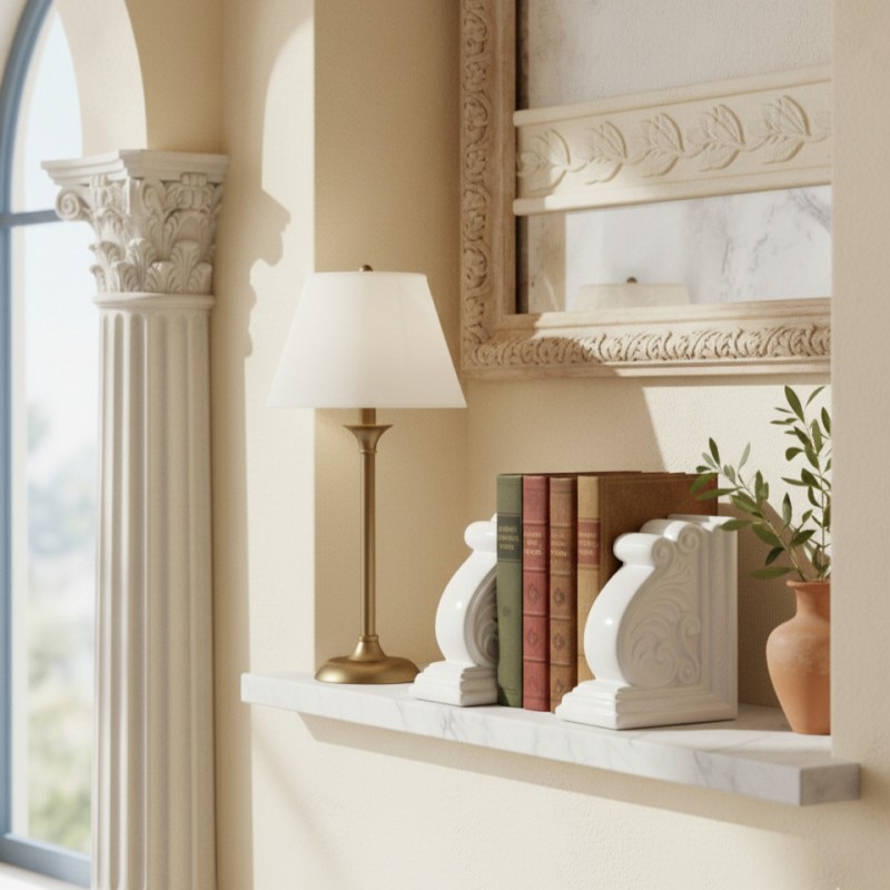 Coppia di Fermalibri dal Design Classico Capitello in Ceramica Bianca ESPOSIZIONE