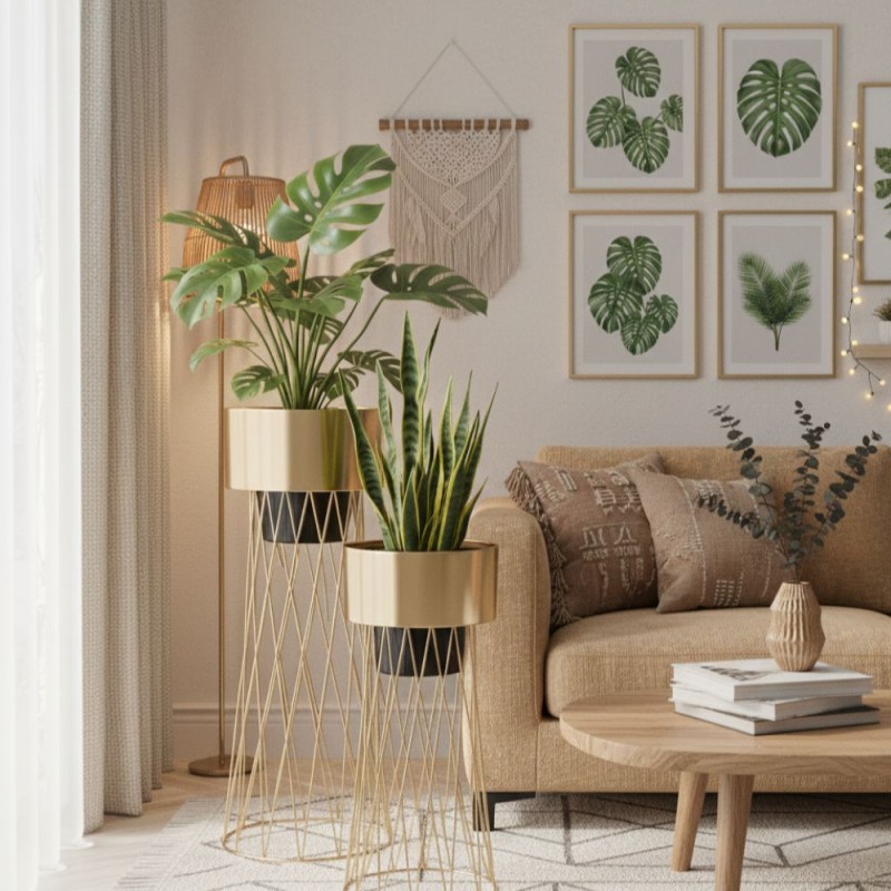 Set 2 Cache Pot Oro Metallo | Stand Portapiante Alto Design Moderno