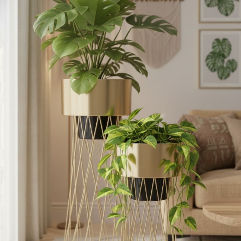 Set 2 Cache Pot Oro Metallo | Stand Portapiante Alto Design Moderno LMH