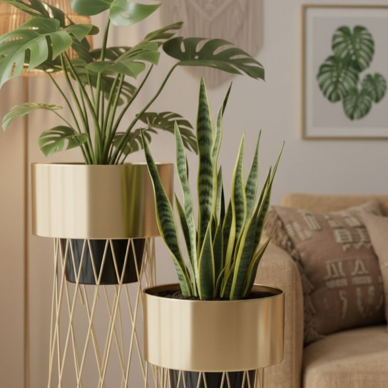 Set 2 Cache Pot Oro Metallo | Stand Portapiante Alto Design Moderno dettaglio