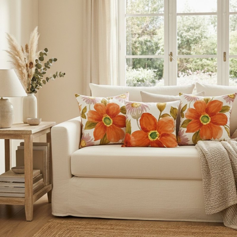 Cuscino arredo floreale dai colori caldi ed autunnali collezione Penelope allestimento divano