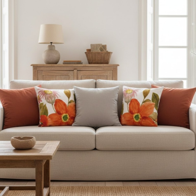 Cuscino arredo floreale dai colori caldi ed autunnali collezione Penelope su divano