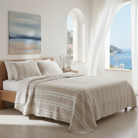 Completo Letto in Puro Lino Tinto in Filo – Variante Naturale a Micro Righe