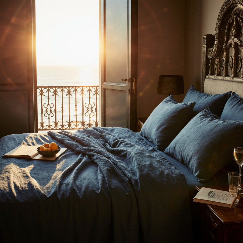 Completo Letto in Puro Lino Nyx & Hemera – Collezione Miti Mediterranei BLU