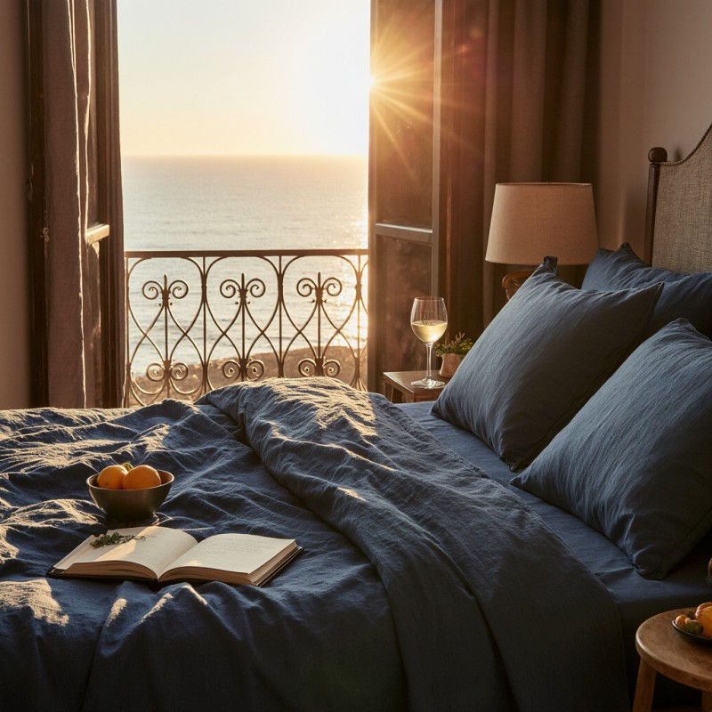 Completo Letto in Puro Lino Nyx & Hemera – Collezione Miti Mediterranei BLU
