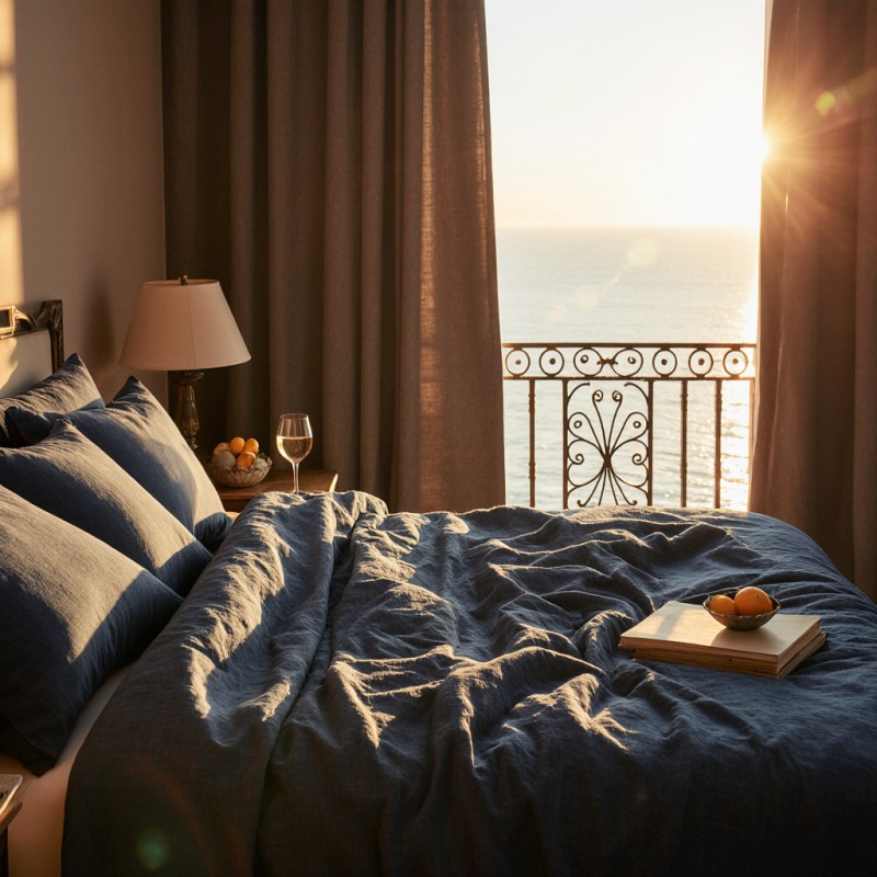 Completo Letto in Puro Lino Nyx & Hemera – Collezione Miti Mediterranei BLU