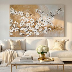 Quadro Materico Moderno - Fiori Bianchi in Rilievo e Foglia Oro - 150x100 cm