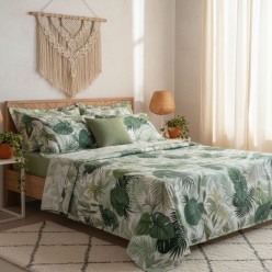 Set Lenzuola Matrimoniali Dafne in Raso di Cotone con foglie tropicali