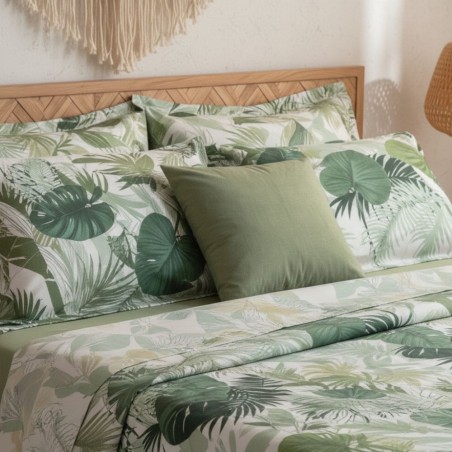 Set Lenzuola Matrimoniali Dafne in Raso di Cotone con foglie tropicali