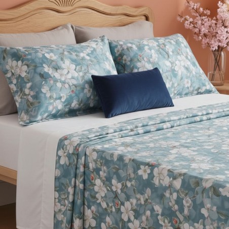 Lenzuola Matrimoniali in Raso di Cotone - Collezione Persefone con fiori