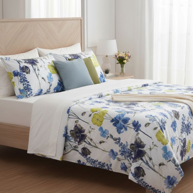 Completo letto matrimoniale linea Egea - giardino fiorito nei toni del blu, lilla e giallo
