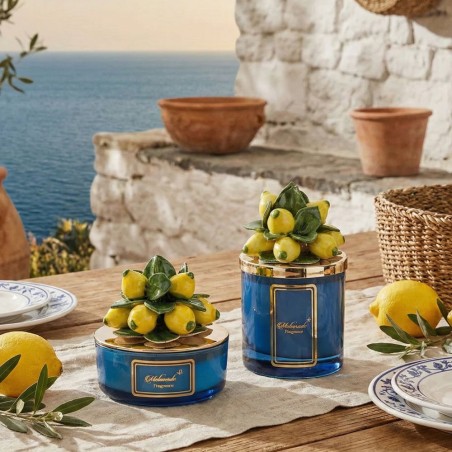 Candela "Orizzonti Blu" – Base Tonda con Scultura Limoni
