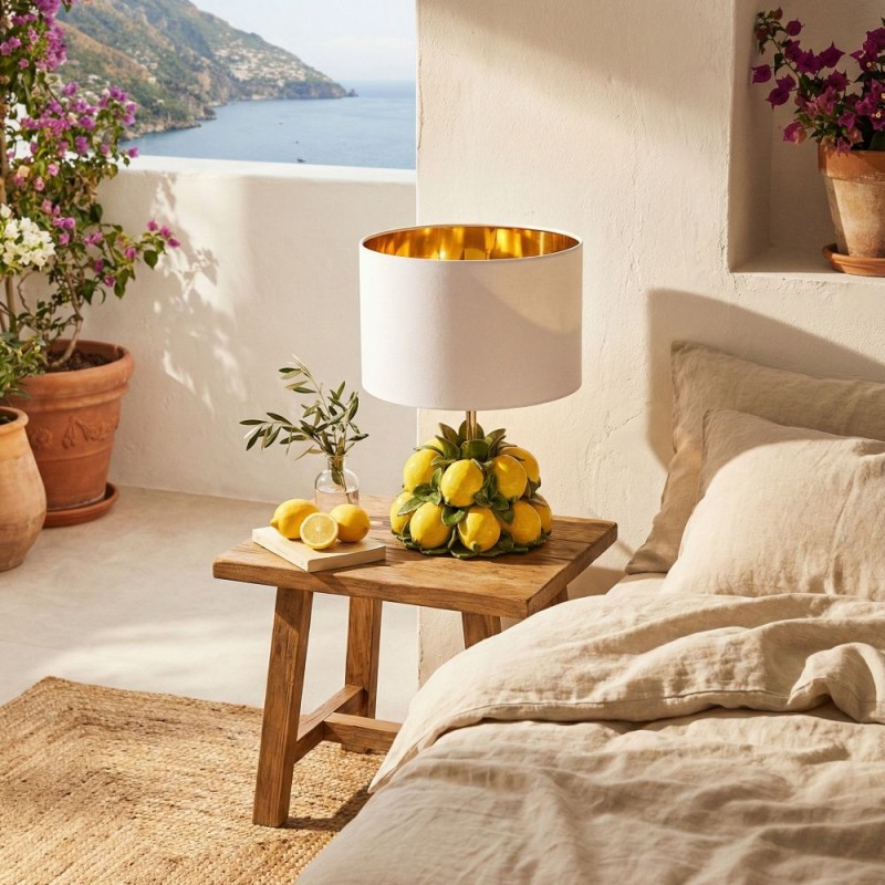 Lampada "Sole di Capri" in Ceramica di Capodimonte - Base Limoni e Paralume con Interno Oro