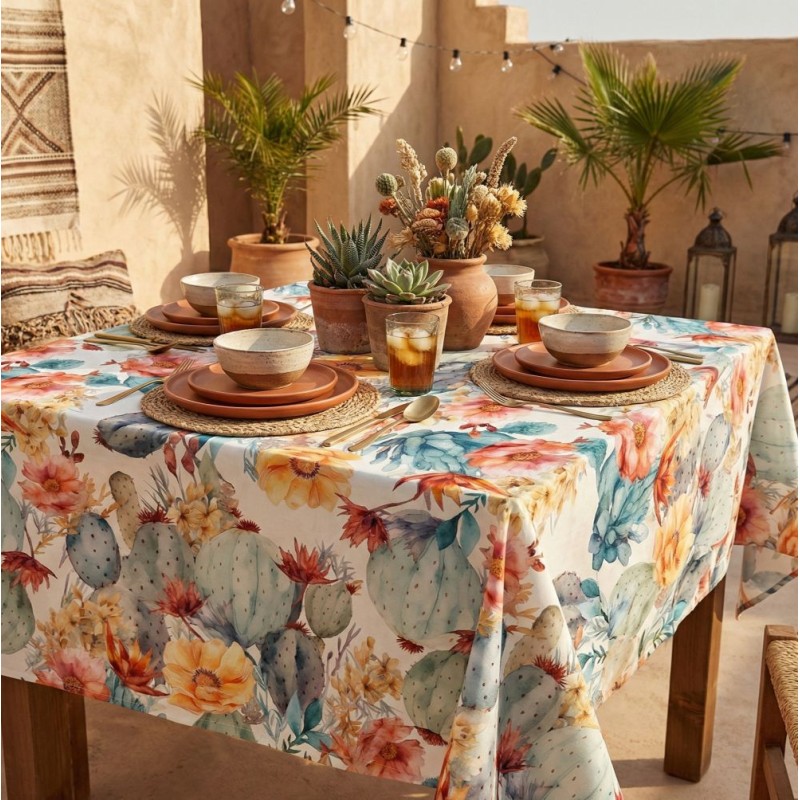 Tovaglia Antimacchia "Oasi nel Deserto": Stile Boho-Chic con Cactus e Fiori