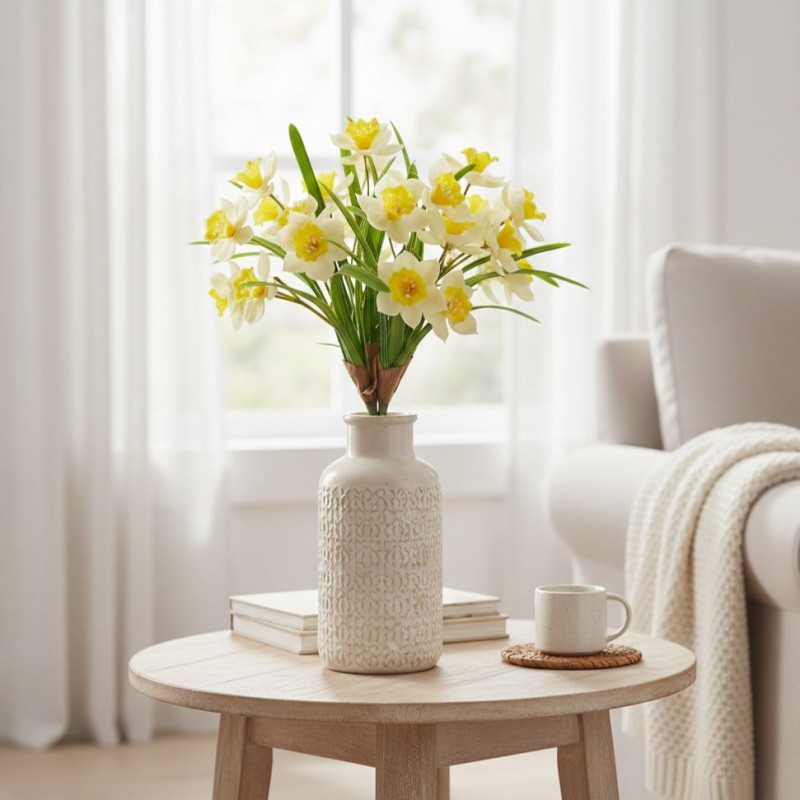 Mazzo di Narcisi con Foglie "Spring Awakening" H 38 cm - Bouquet Artificiale - PANNA