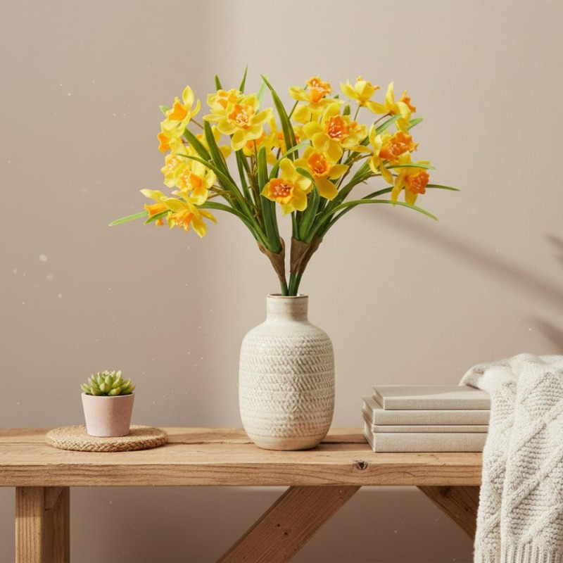Mazzo di Narcisi con Foglie "Spring Awakening" H 38 cm - Bouquet Artificiale - ARANCIO