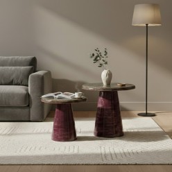Set 2 Tavolini Rotondi in Metallo Smaltato – Riflessi Bordeaux e Bronzo