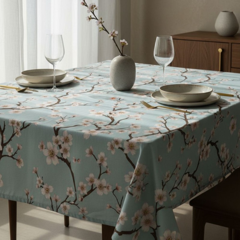 Fillide – Tovaglia celeste con fiori rosa in Cotone su Misura Fillide – Tovaglia celeste con fiori rosa in Cotone su Misura