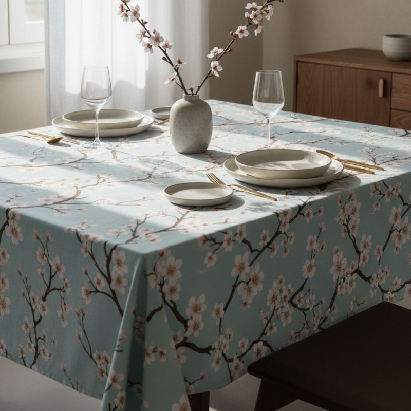 Fillide – Tovaglia celeste con fiori rosa in Cotone su Misura Fillide – Tovaglia celeste con fiori rosa in Cotone su Misura