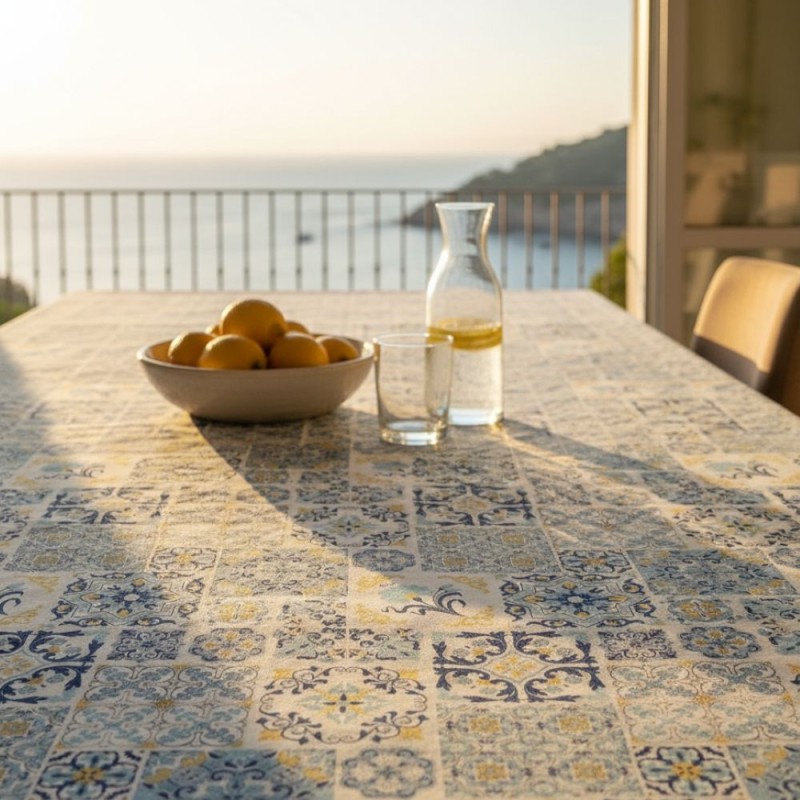 Tovaglia Scilla - stile maiolica mediterranea celeste e bianca Tovaglia Scilla - stile maiolica mediterranea celeste e bianca