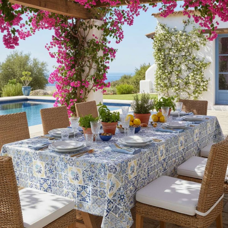 Tovaglia Scilla - stile maiolica mediterranea celeste e bianca Tovaglia Scilla - stile maiolica mediterranea celeste e bianca