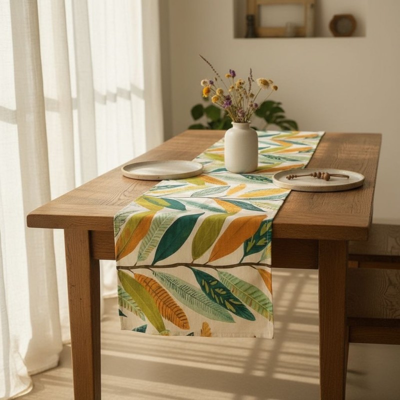 Arborea Runner in cotone con foglie tropicali