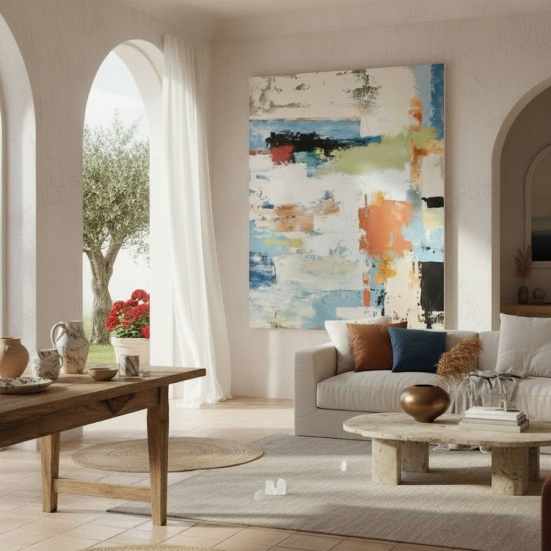 Tela Astratta L'Oca Nera 120x150: Materia e Colore Lemoire Home celeste e arancione