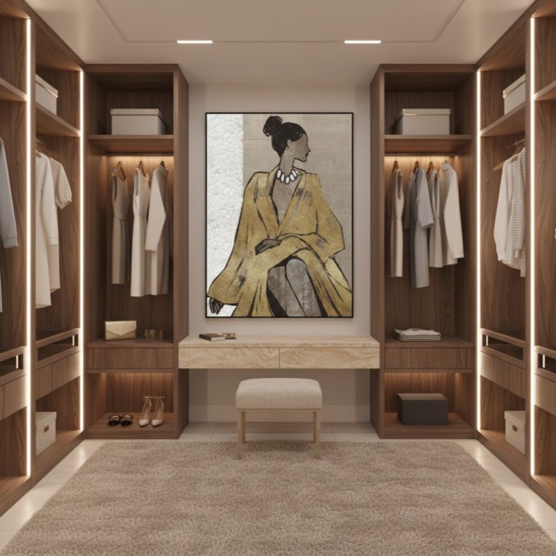 Dama Glamour: Dipinto Verticale 103x143cm con Applicazioni Foglia Oro