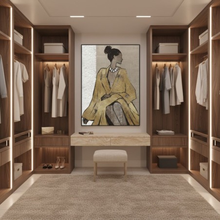 Dama Glamour: Dipinto Verticale 103x143cm con Applicazioni Foglia Oro