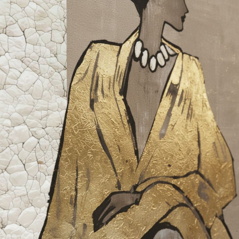 Dama Glamour: Dipinto Verticale 103x143cm con Applicazioni Foglia Oro
