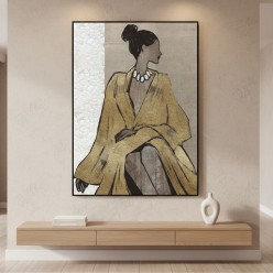 Dama Glamour: Dipinto Verticale 103x143cm con Applicazioni Foglia Oro