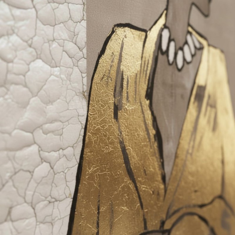 Dama Glamour: Dipinto Verticale 103x143cm con Applicazioni Foglia Oro