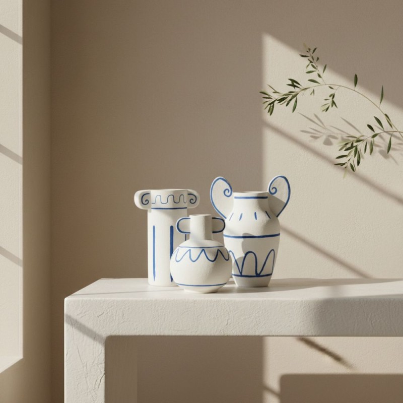 Vaso Greek in Gres Bianco e Blu: Eleganza Mediterranea Lemoire